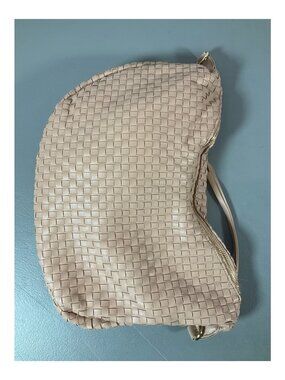 Adorned Blush Leather Half Moon Crossbody Bag - Elegant Woven Style